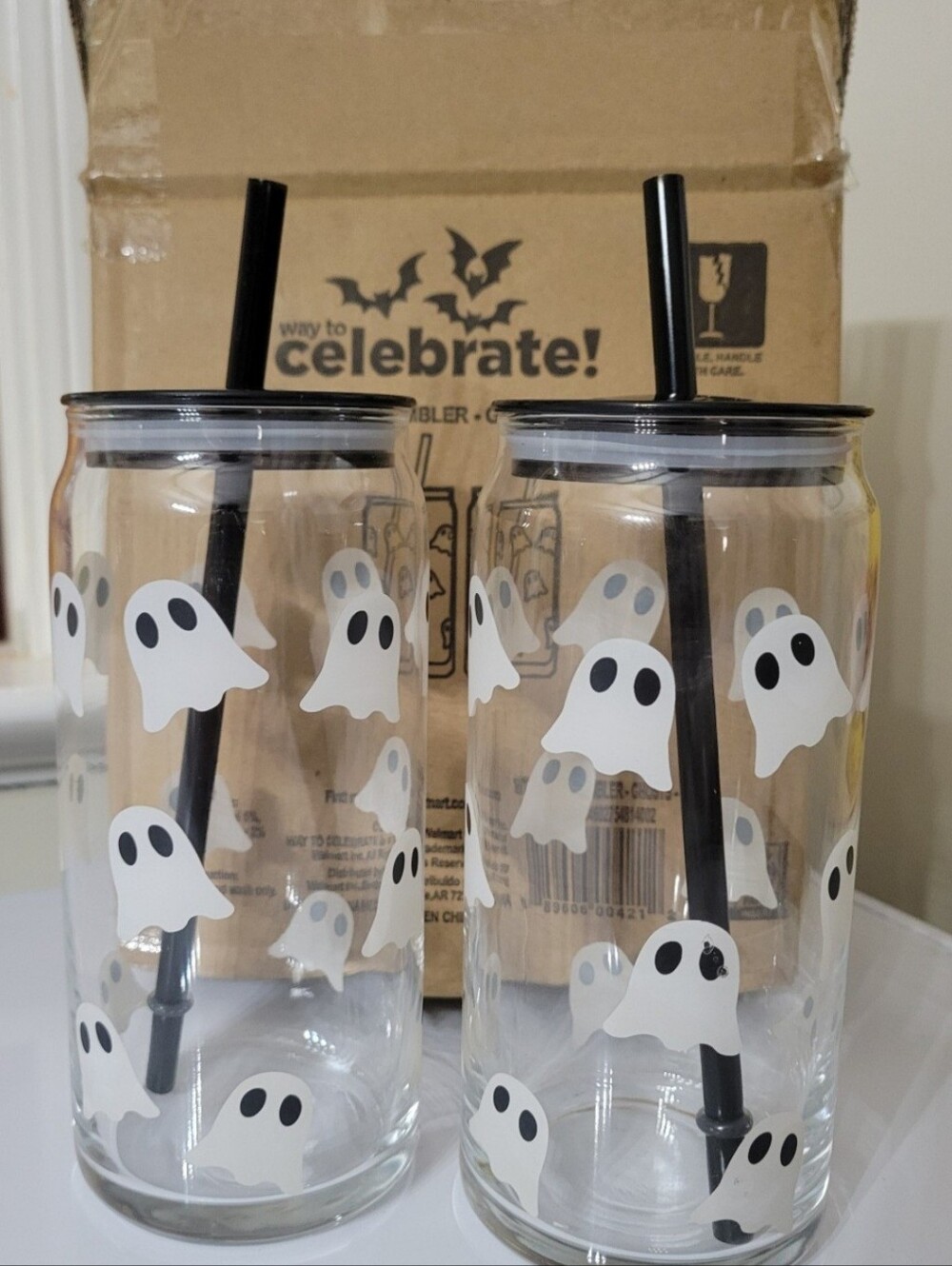 20 oz Glass Sipper Ghosts-2 Pack